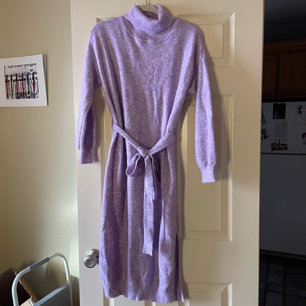FRNCH Paris Lilac Purple Knit Sweater Dress Midi Turtleneck Belted